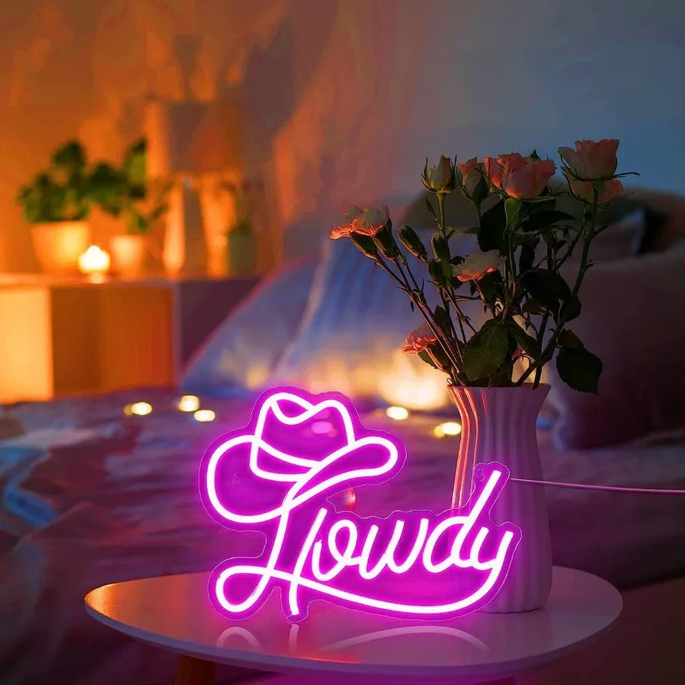 Howdy Cowboy/Cowgirl Neon Pink Sign Party Festival Southern Backyard Bedroom